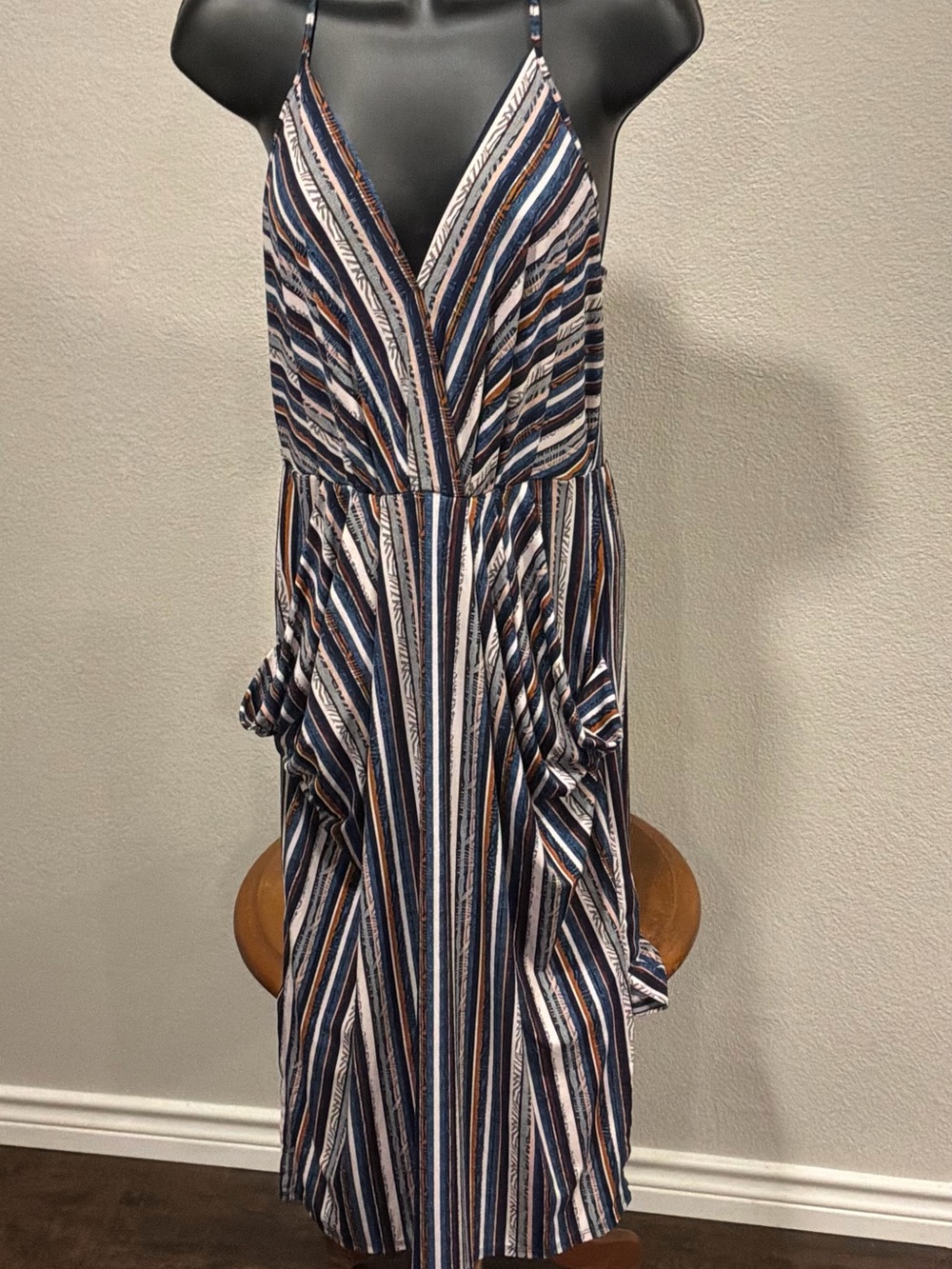 BCBGeneration Striped V-Neck Spaghetti Strap Midi Dress in Navy, White and Tan